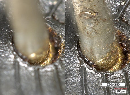 Corroded part of a connector Left: normal/right: depth composition (150x)