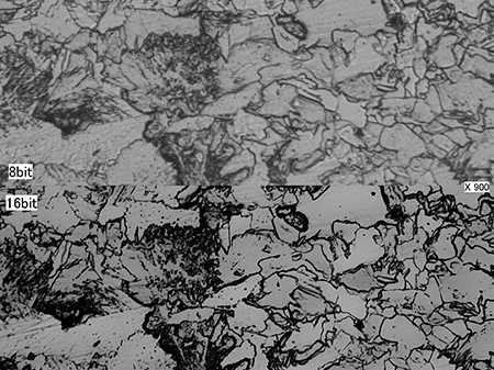 Metal structure (900x) Top: 8-bit image/bottom: 16-bit image