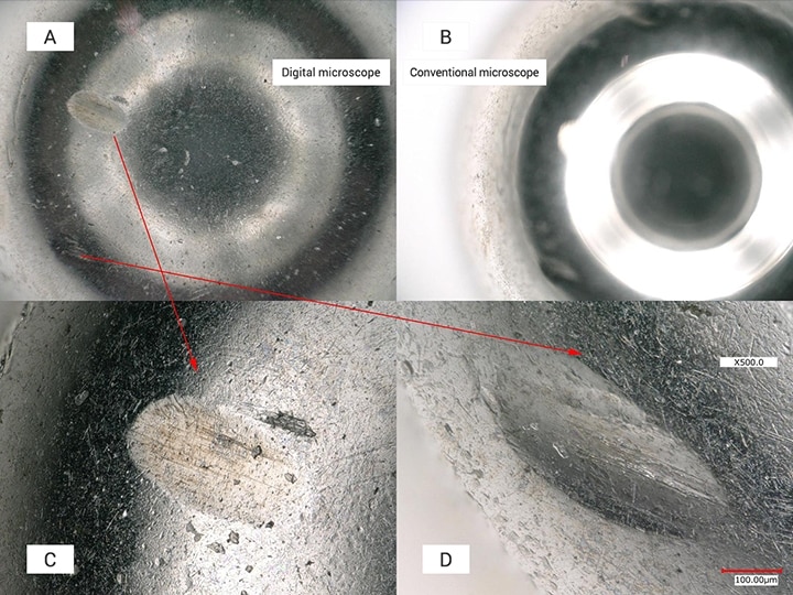 A: Observation using a digital microscope B: Observation using a microscope C: Observation of an indentation on the front surface D: Observation of an indentation on the back surface (500x)