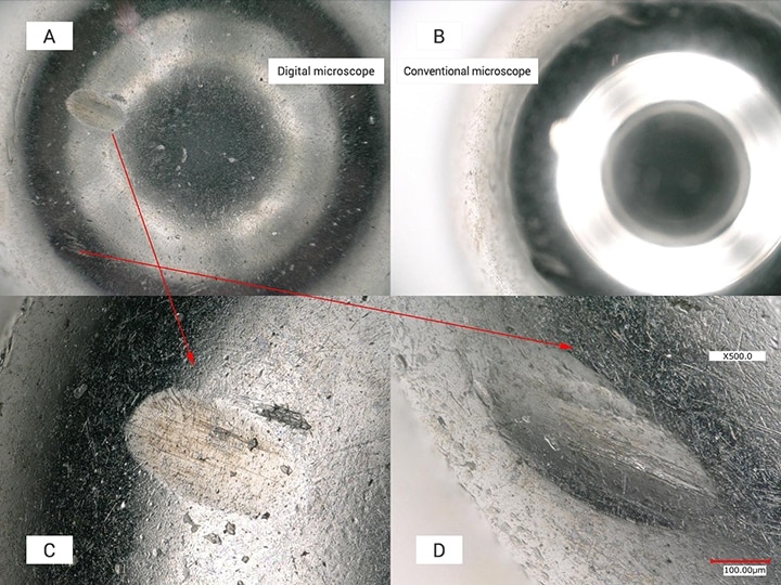 A: Observation using a digital microscope  B: Observation using a microscope  C: Observation of an indentation on the front surface  D: Observation of an indentation on the back surface (500x)