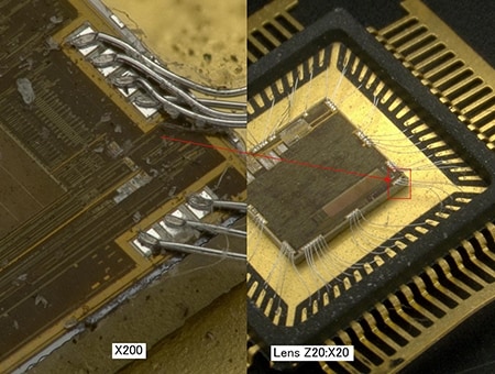 Split-screen display of high-/low-magnification observation (left: 200x/right: 20x)